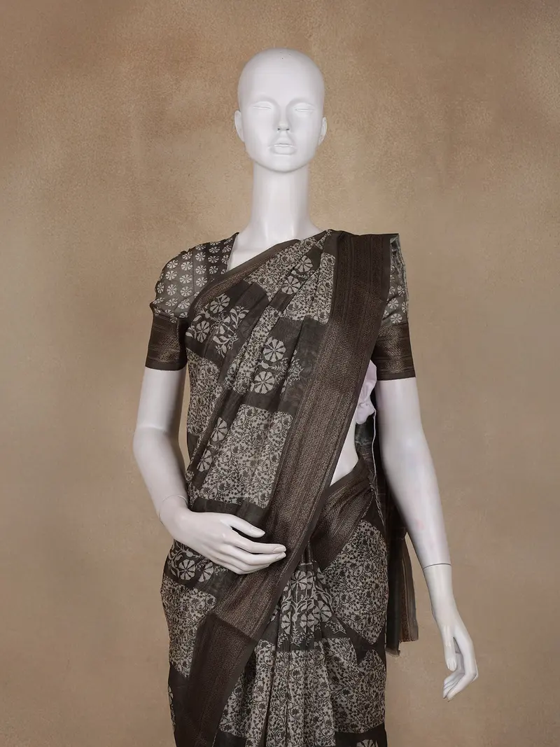 Black Floral Printed Chanderi Cotton Saree With Zari Border 2