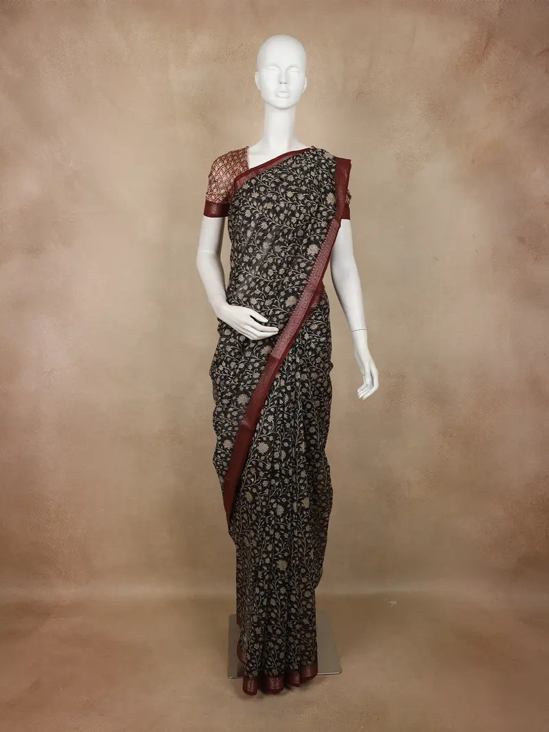 Black Floral Printed Chandheri Cotton Saree With Maroon Zari Border 1