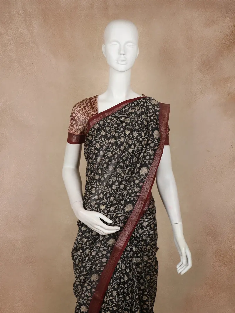Black Floral Printed Chandheri Cotton Saree With Maroon Zari Border 2