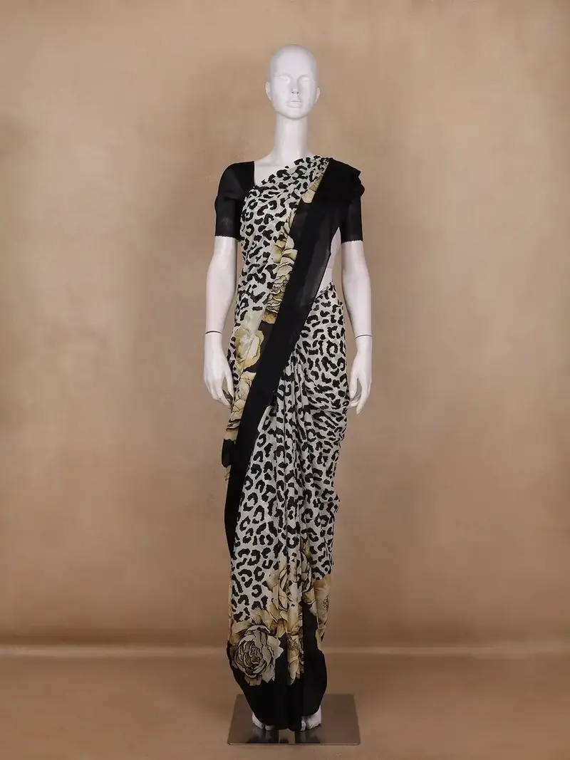 Black Floral Printed Chiffon Saree 1