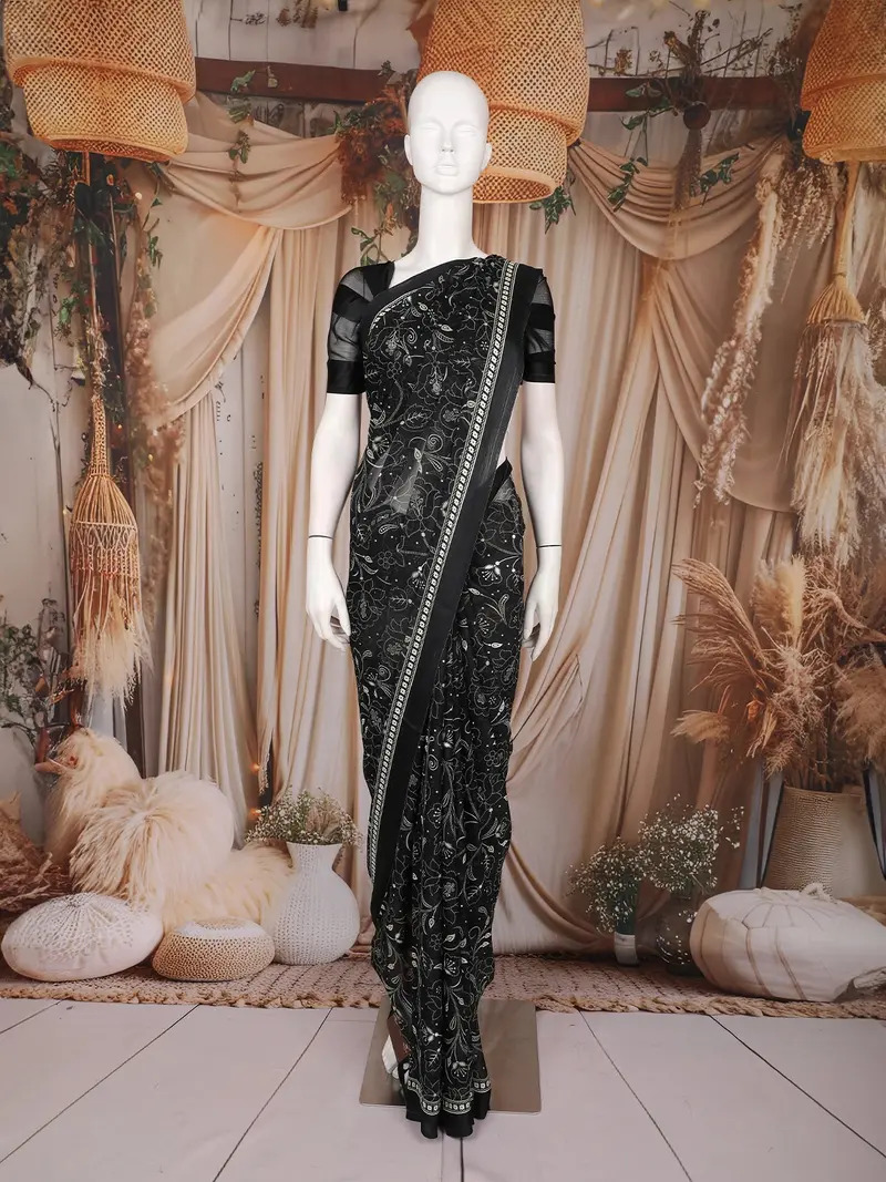 Black Floral Printed Chiffon Saree 1
