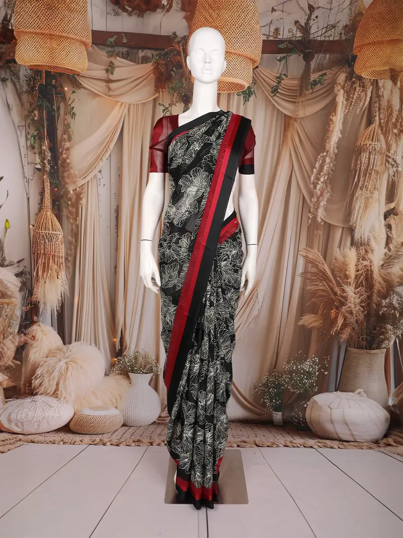 Black Floral Printed Chiffon Saree With Contrast Red Border 1