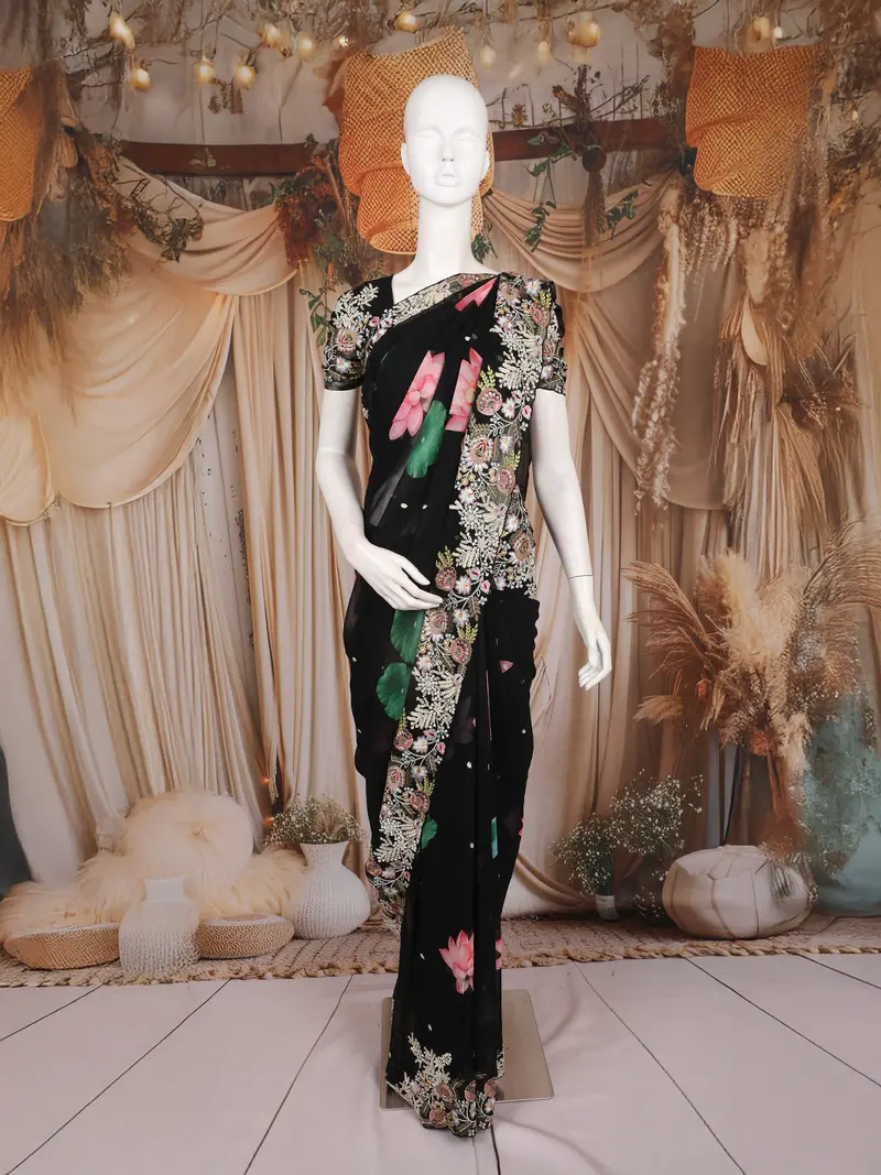 Black Floral Printed Chiffon Saree With Heavy Embroidered Border 1