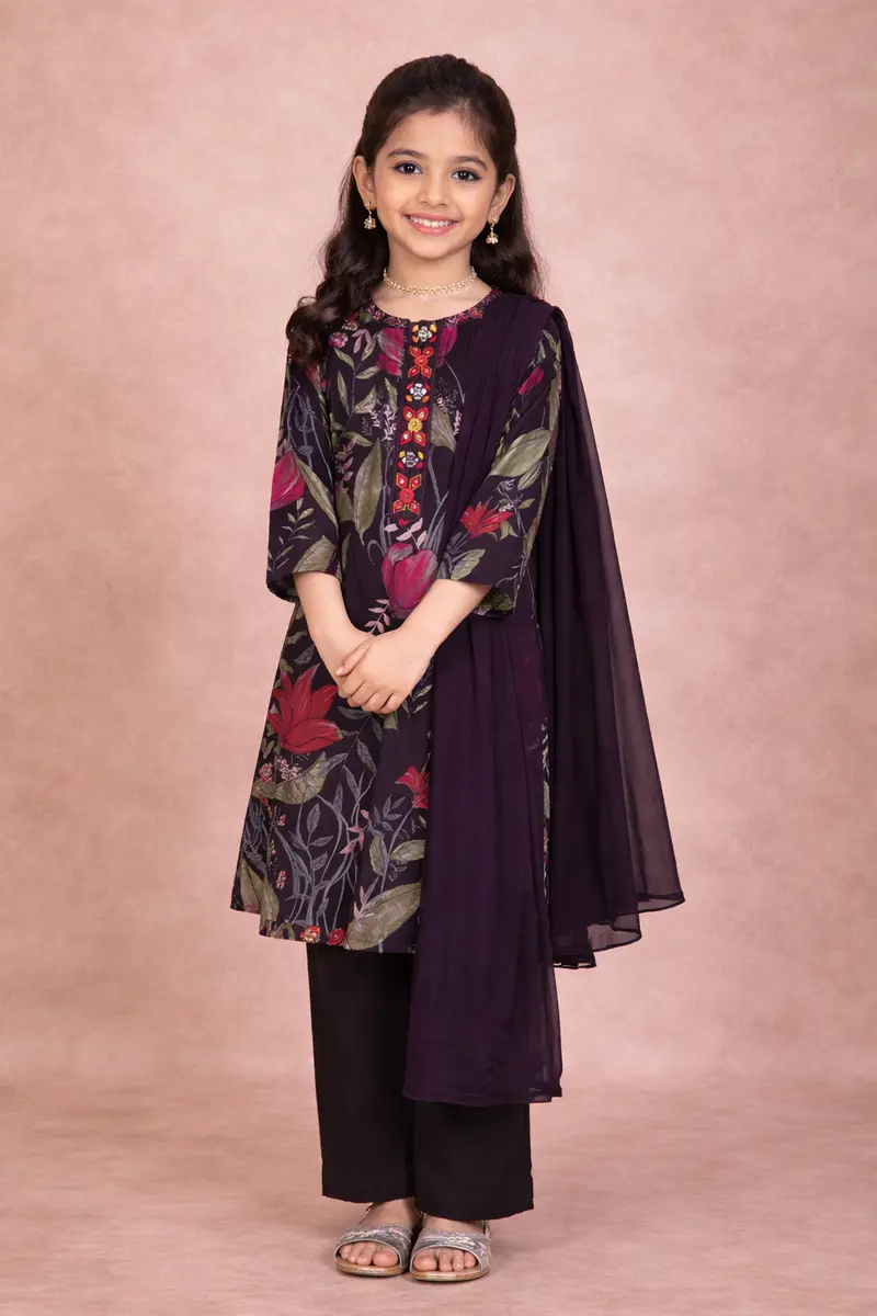 Black Floral Printed Cotton Kids Salwar Suit With Dupatta 1
