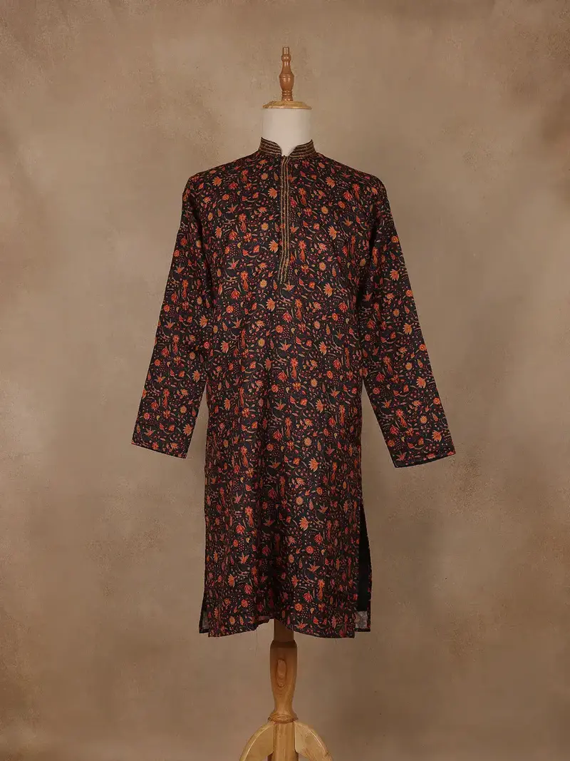 Black Floral Printed Cotton Kurta For Men 1