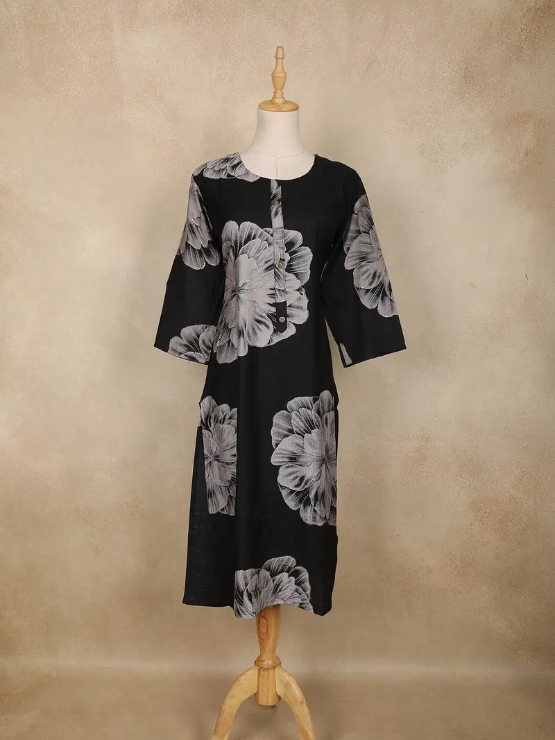 Black Floral Printed Cotton Kurti 1