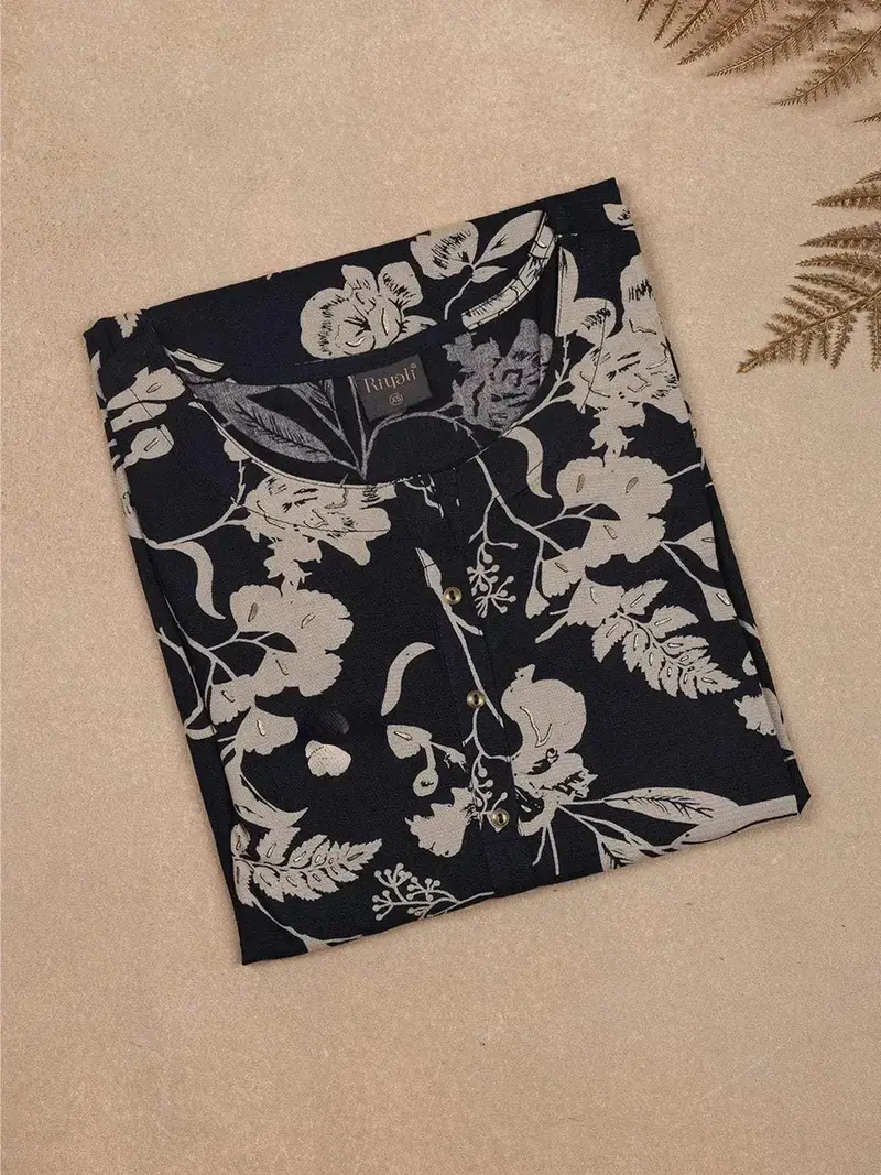 Black Floral Printed Cotton Rayon Kurti 1
