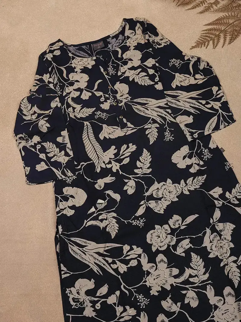Black Floral Printed Cotton Rayon Kurti 2