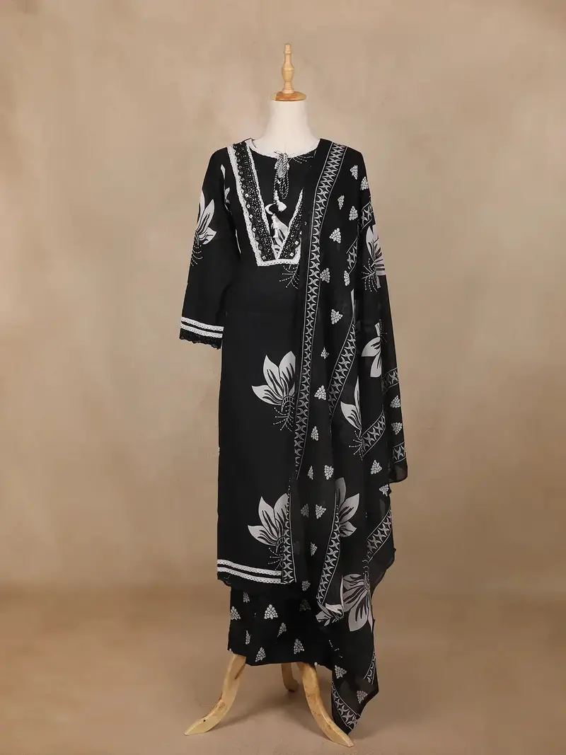 Black Floral Printed Cotton Salwar Suit 1