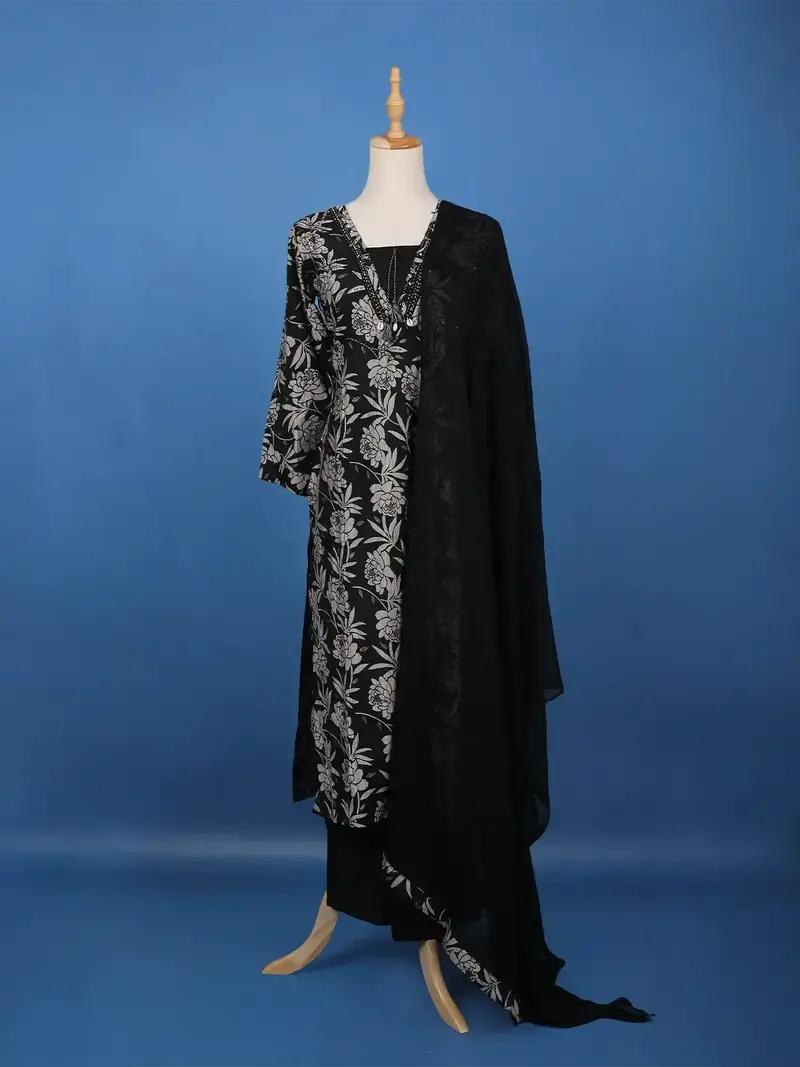 Black Floral Printed Cotton Salwar Suit 1