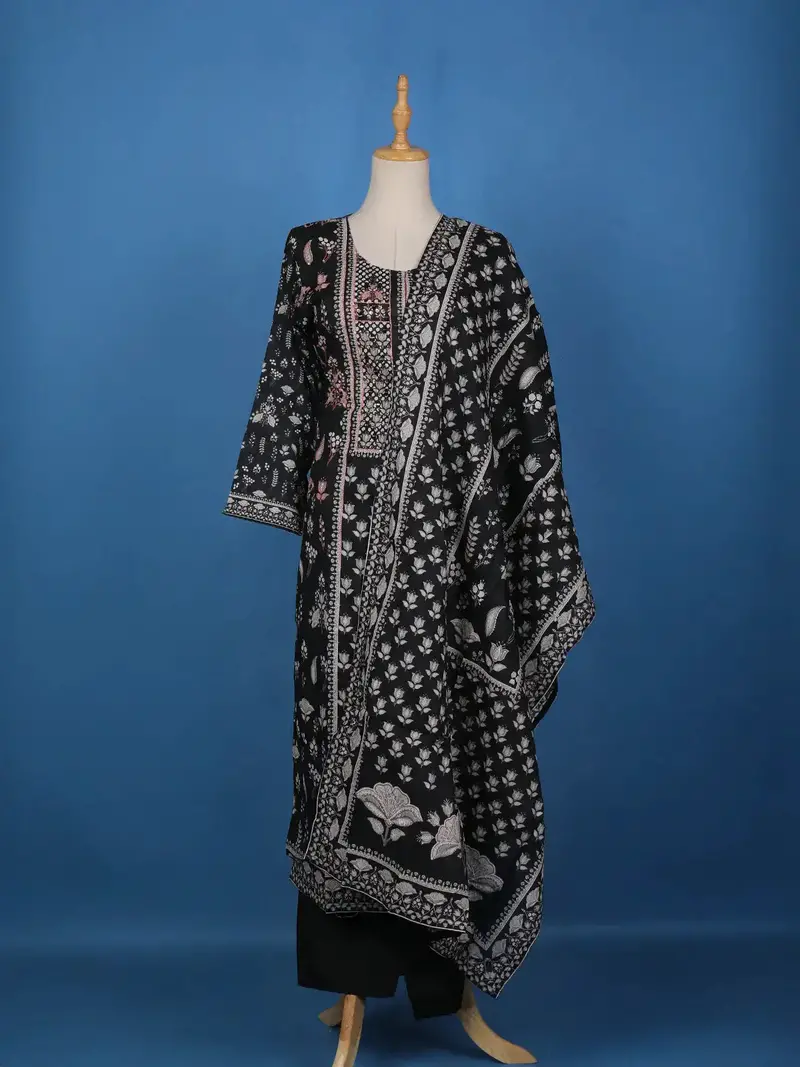 Black Floral Printed Cotton Salwar Suit 1