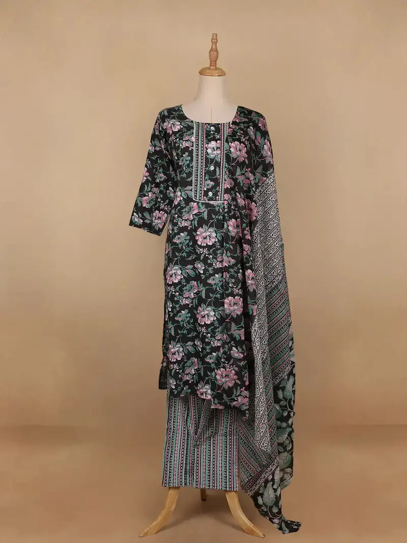 Black Floral Printed Cotton Salwar Suit 1