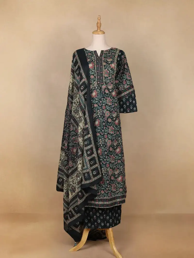 Black Floral Printed Cotton Salwar Suit 1
