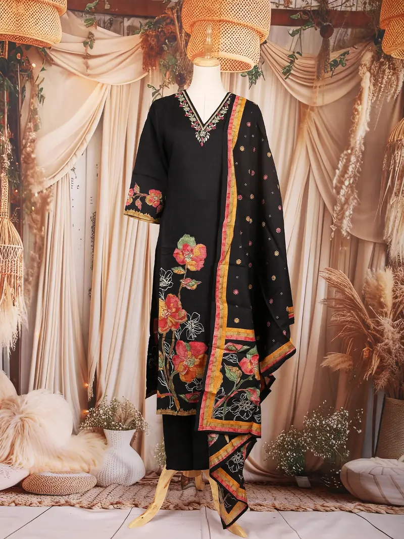 Black Floral Printed Cotton Salwar Suit 1