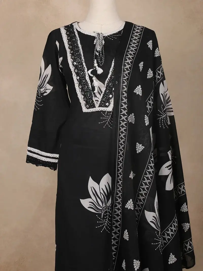 Black Floral Printed Cotton Salwar Suit 2