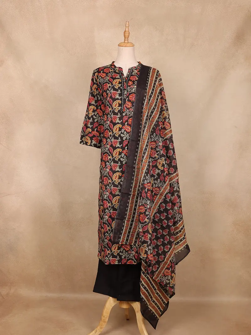 Black Floral Printed Cotton Salwar Suit With Dupatta 1