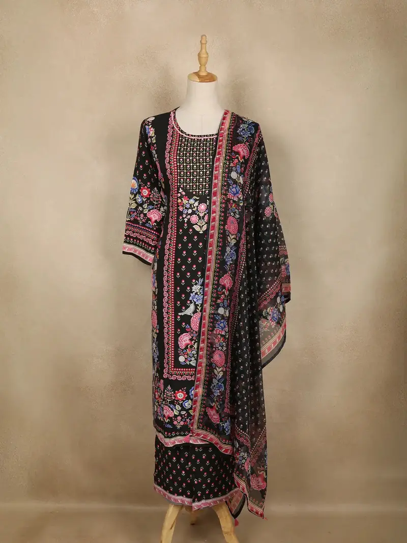 Black Floral Printed Cotton Salwar Suit With Dupatta 1