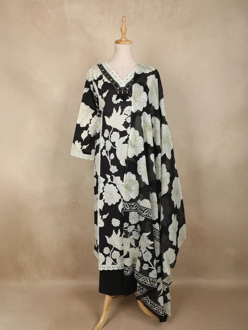 Black Floral Printed Cotton Salwar Suit With Dupatta 1