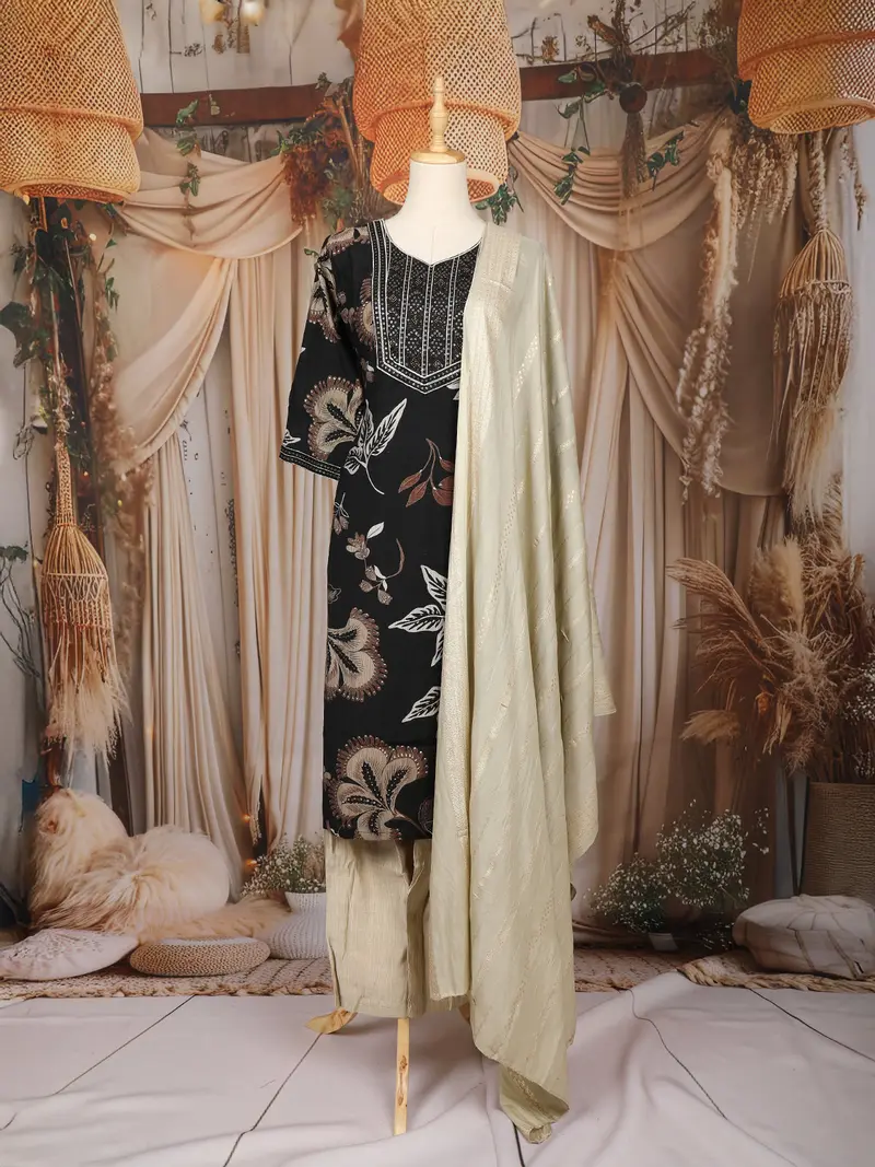 Black Floral Printed Cotton Salwar Suit With Embroidered Yoke And Dupatta 1