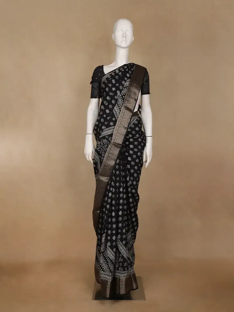 Black Floral Printed Cotton Saree 1