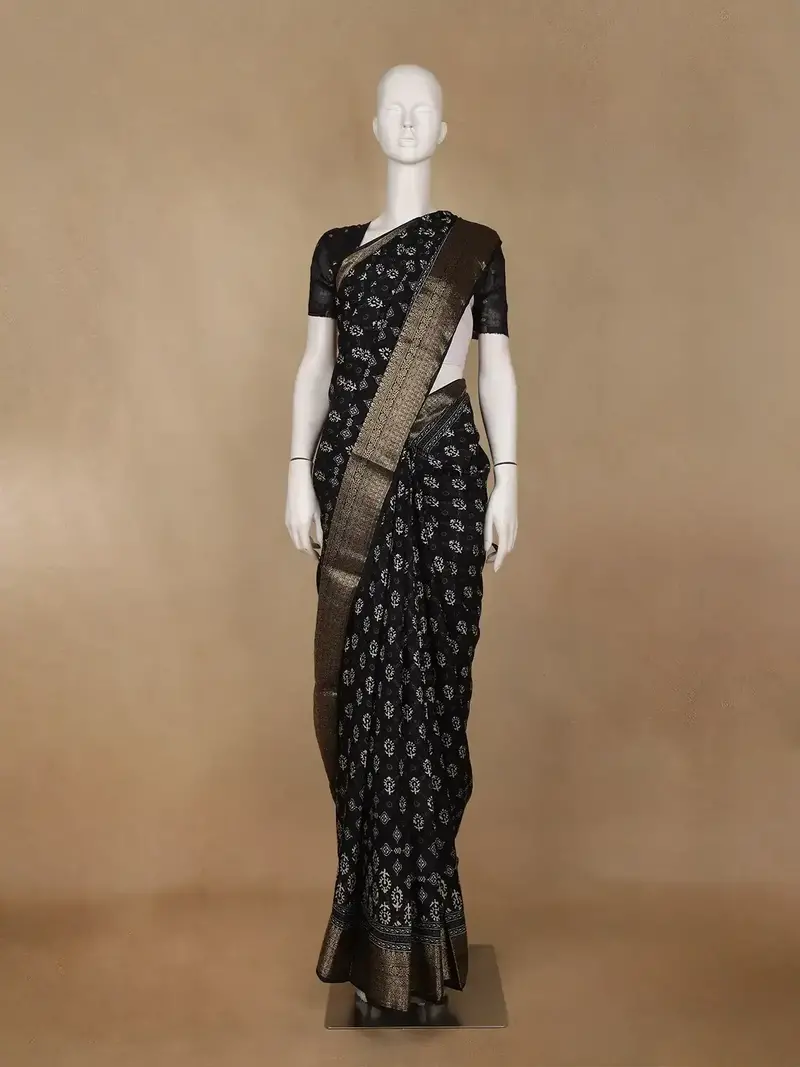 Black Floral Printed Cotton Saree 1