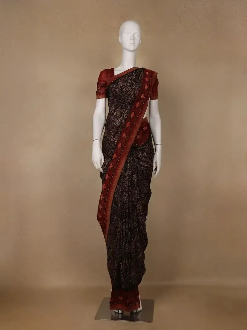 Black Floral Printed Cotton Saree 1