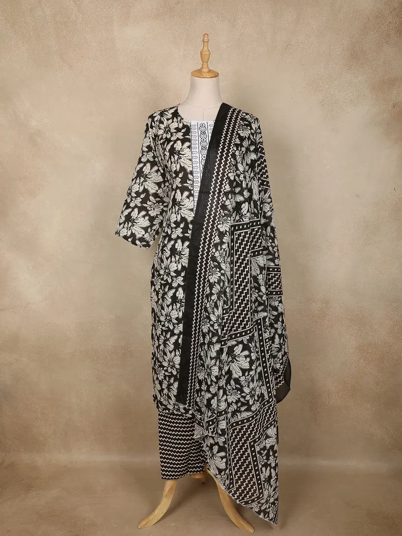 Black Floral Printed Cotton Straight Cut Salwar Suit With Dupatta 1