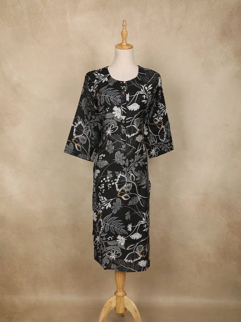 Black Floral Printed Cotton Straight Kurti 1