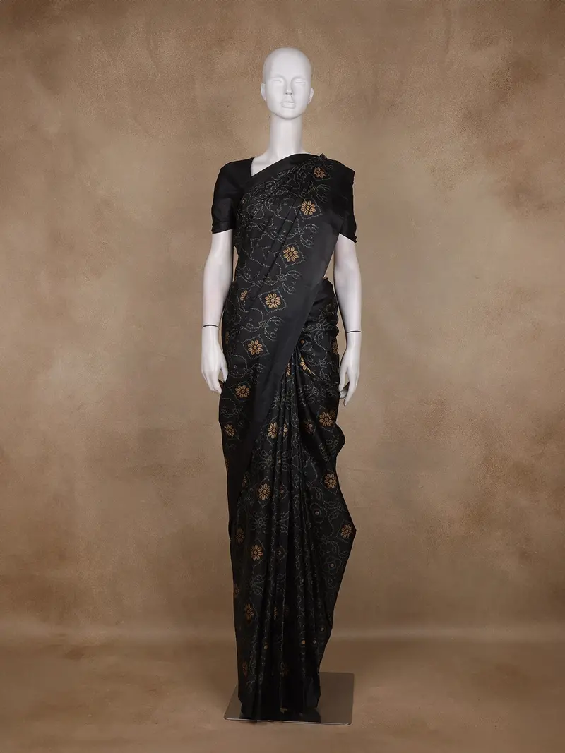 Black Floral Printed Design Chanderi Cotton Saree With Solid Border 1
