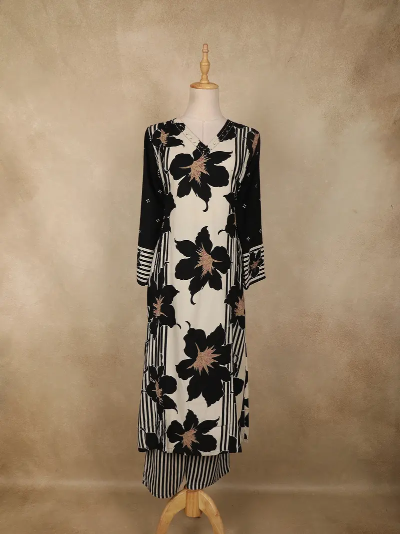 Black  Floral Printed Design Cotton Co-Ord Set 1