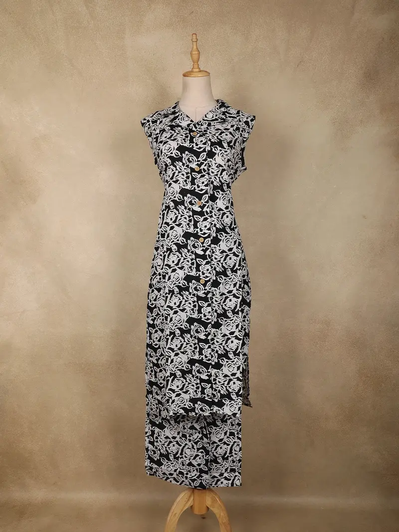 Black Floral Printed Design Cotton Co-Ord Set 1