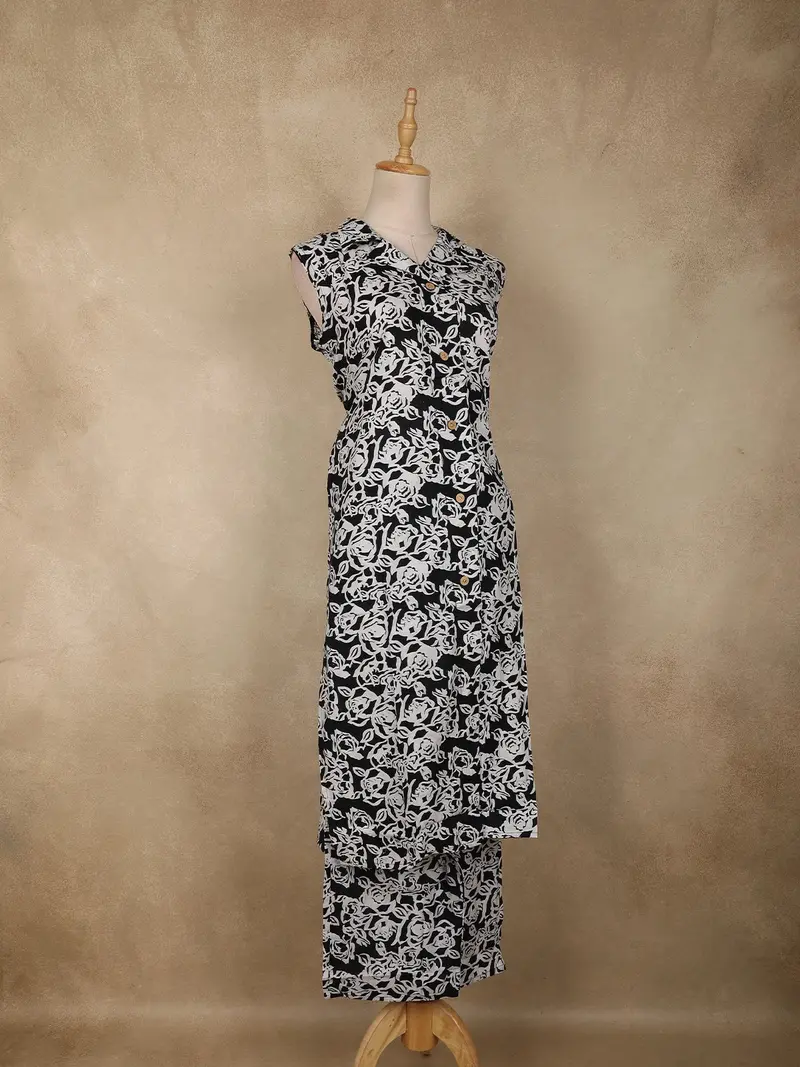 Black Floral Printed Design Cotton Co-Ord Set 3