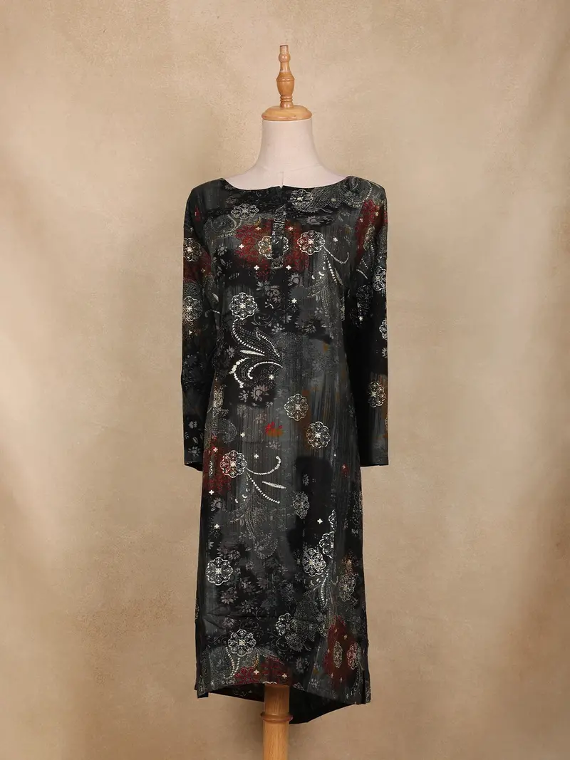 Black Floral Printed Design Cotton Kurti 1