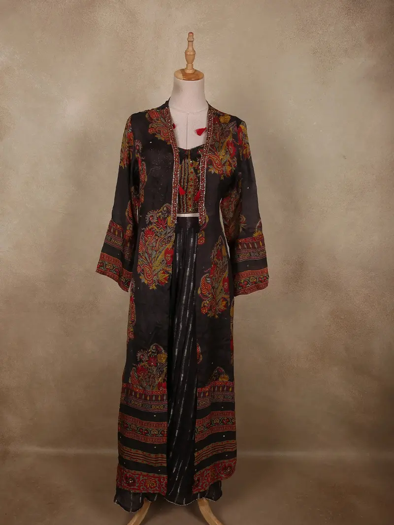 Black Floral Printed Design Cotton Palazzo Suit With Long Jacket 1