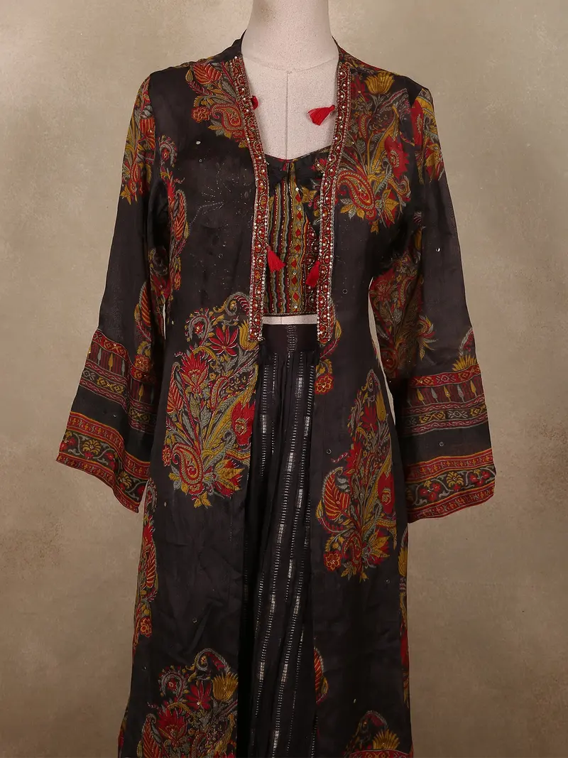 Black Floral Printed Design Cotton Palazzo Suit With Long Jacket 2