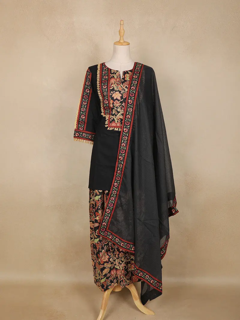 Black Floral Printed Design Cotton Patiala Salwar Suit With Dupatta 1