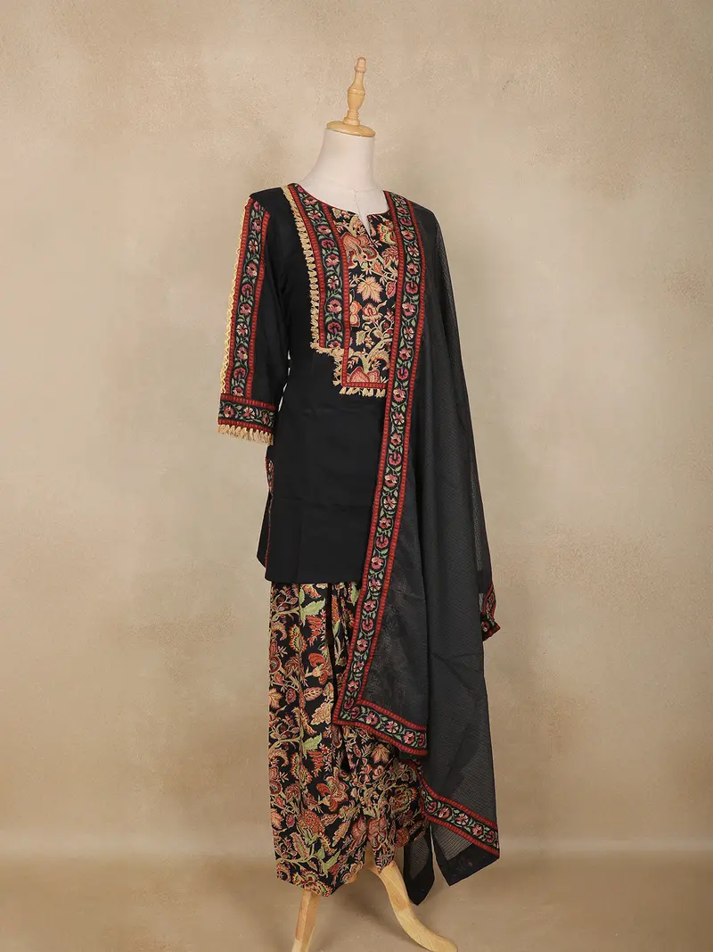 Black Floral Printed Design Cotton Patiala Salwar Suit With Dupatta 4