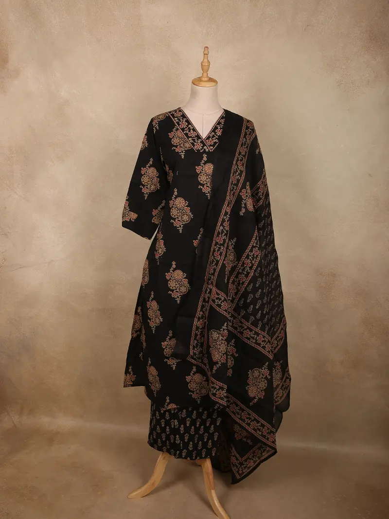Black Floral Printed Design Cotton Salwar Suit With Dupatta 1