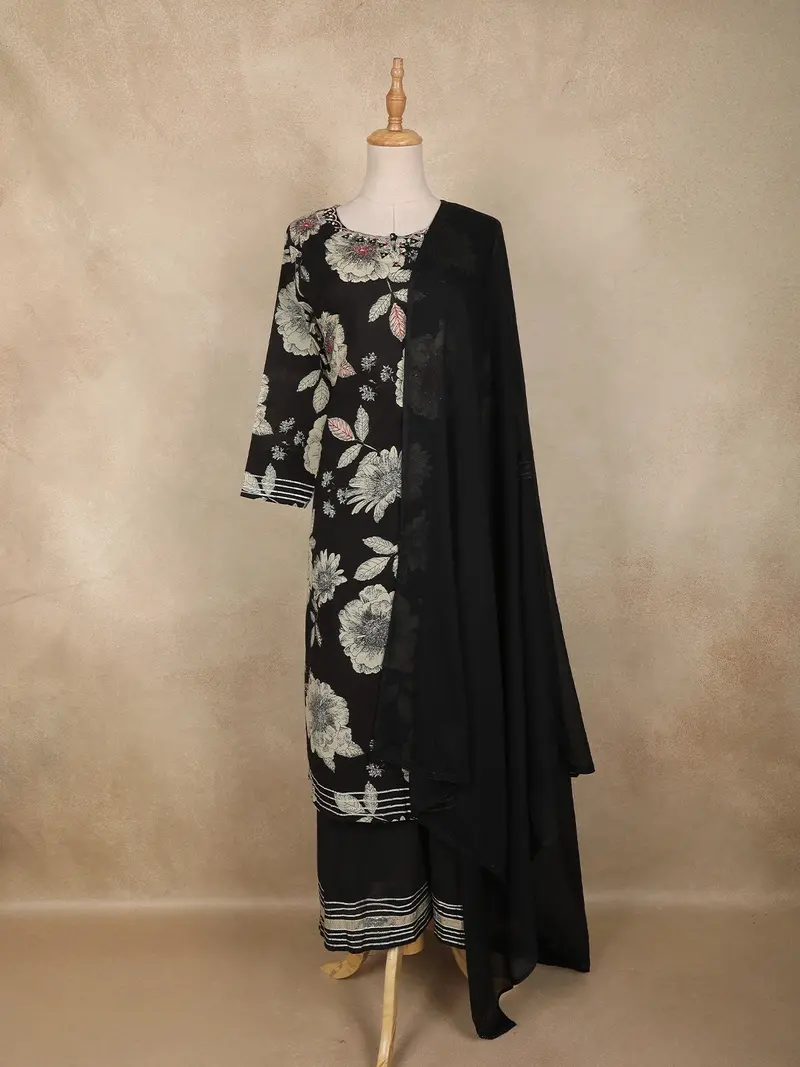 Black Floral Printed Design Cotton Straight Salwar Suit With Dupatta 1