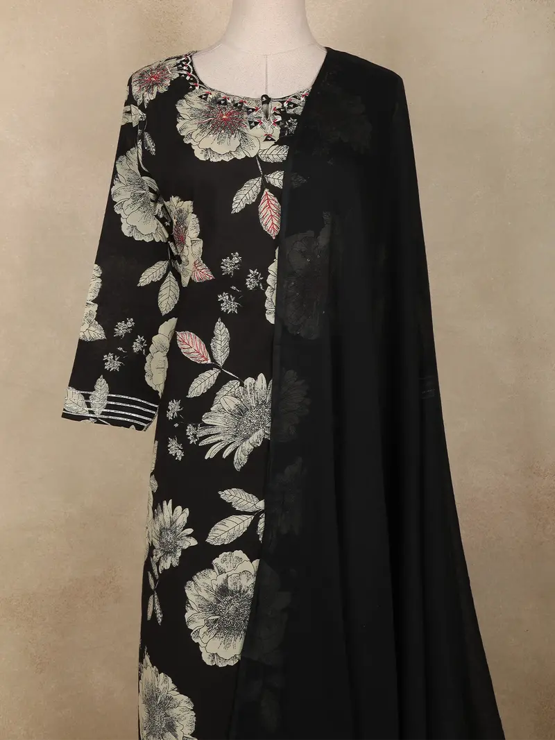 Black Floral Printed Design Cotton Straight Salwar Suit With Dupatta 2