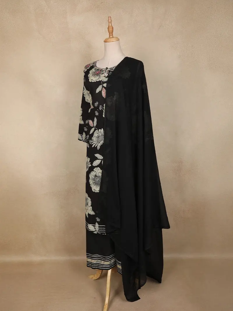 Black Floral Printed Design Cotton Straight Salwar Suit With Dupatta 3