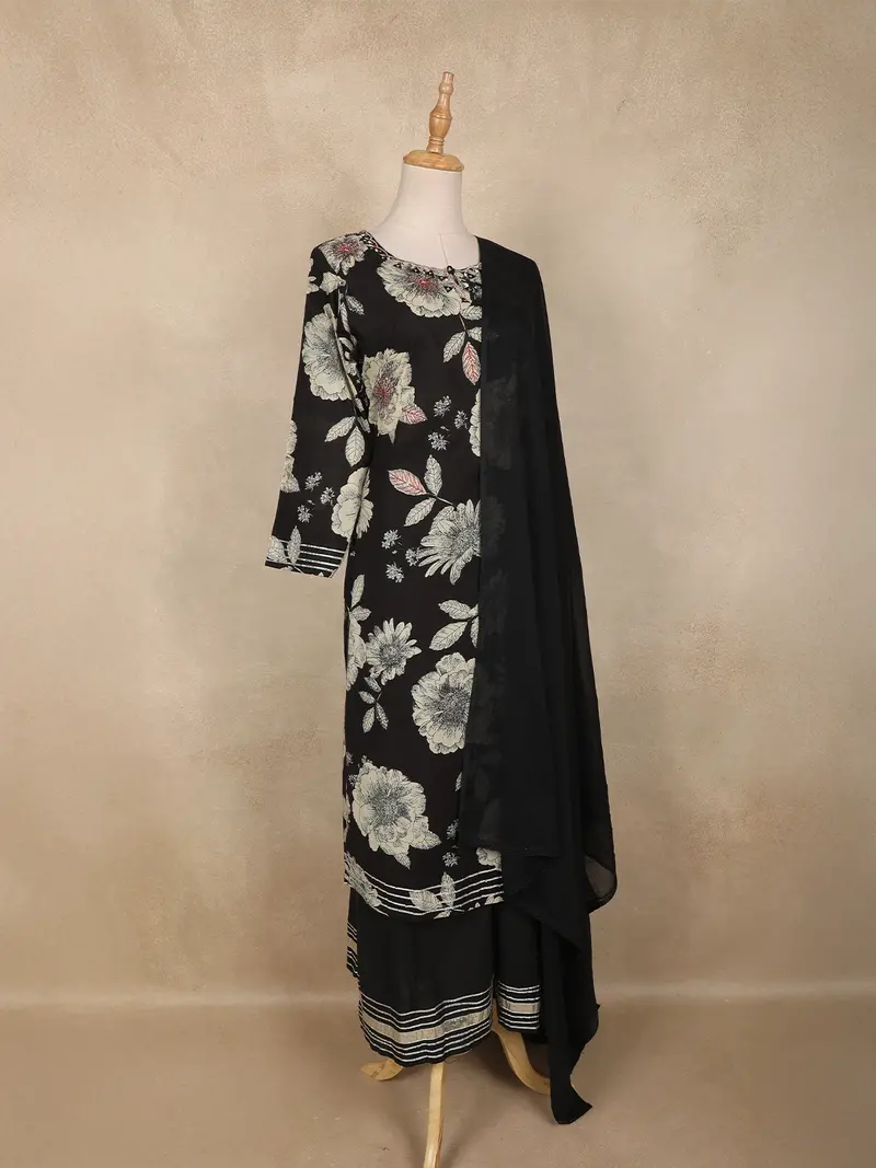 Black Floral Printed Design Cotton Straight Salwar Suit With Dupatta 4