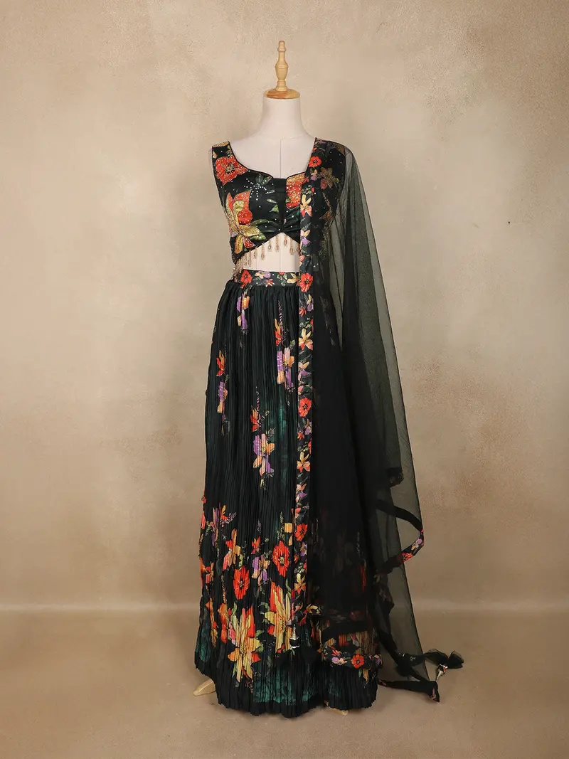Black Floral Printed Design Crepe Bridesmaids Lehenga 1