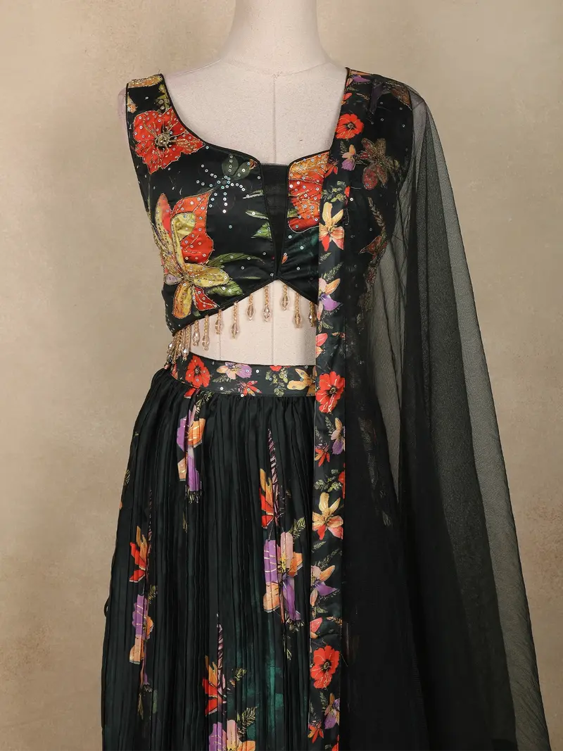 Black Floral Printed Design Crepe Bridesmaids Lehenga 2