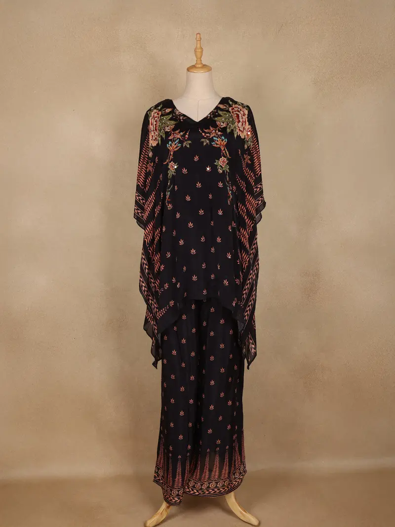 Black Floral Printed Design Crepe Kaftan Suit 1