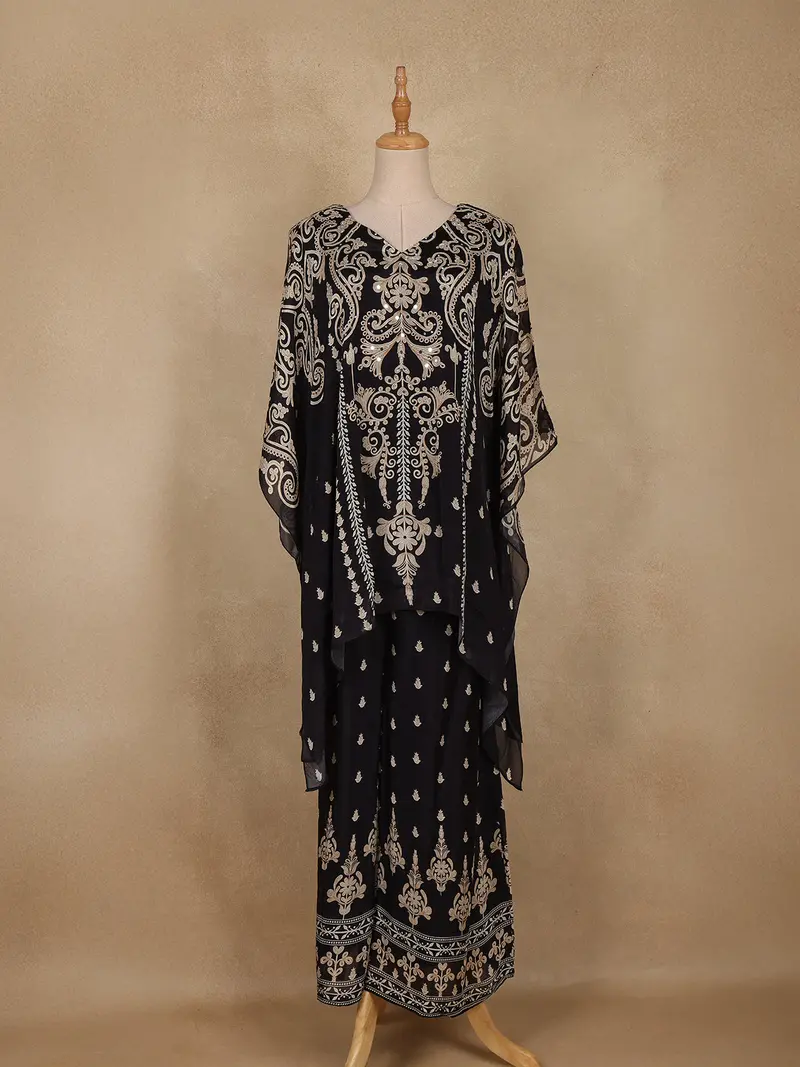 Black Floral Printed Design Crepe Kaftan Suit 1
