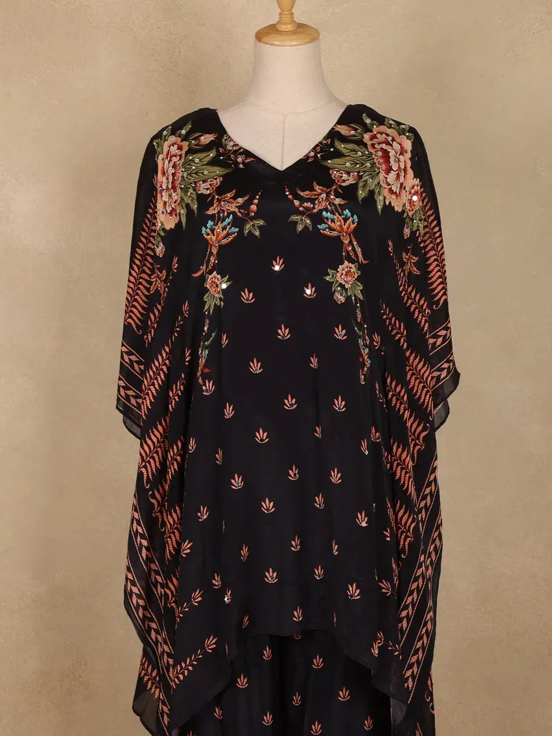 Black Floral Printed Design Crepe Kaftan Suit 2
