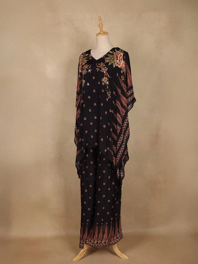 Black Floral Printed Design Crepe Kaftan Suit 3