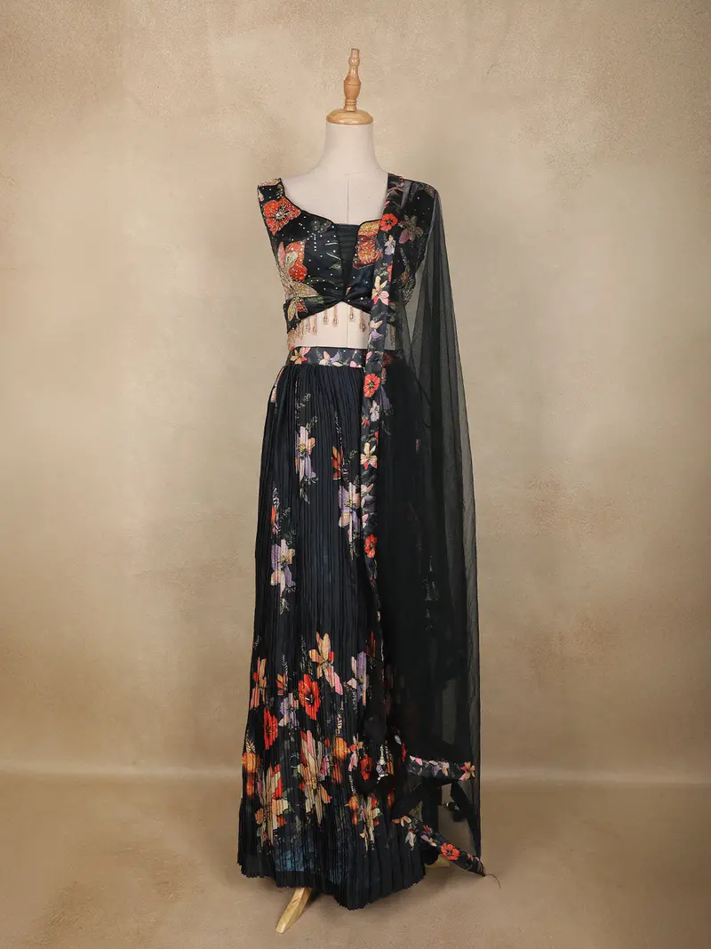 Black Floral Printed Design Organza Lehenga With Dupatta 1