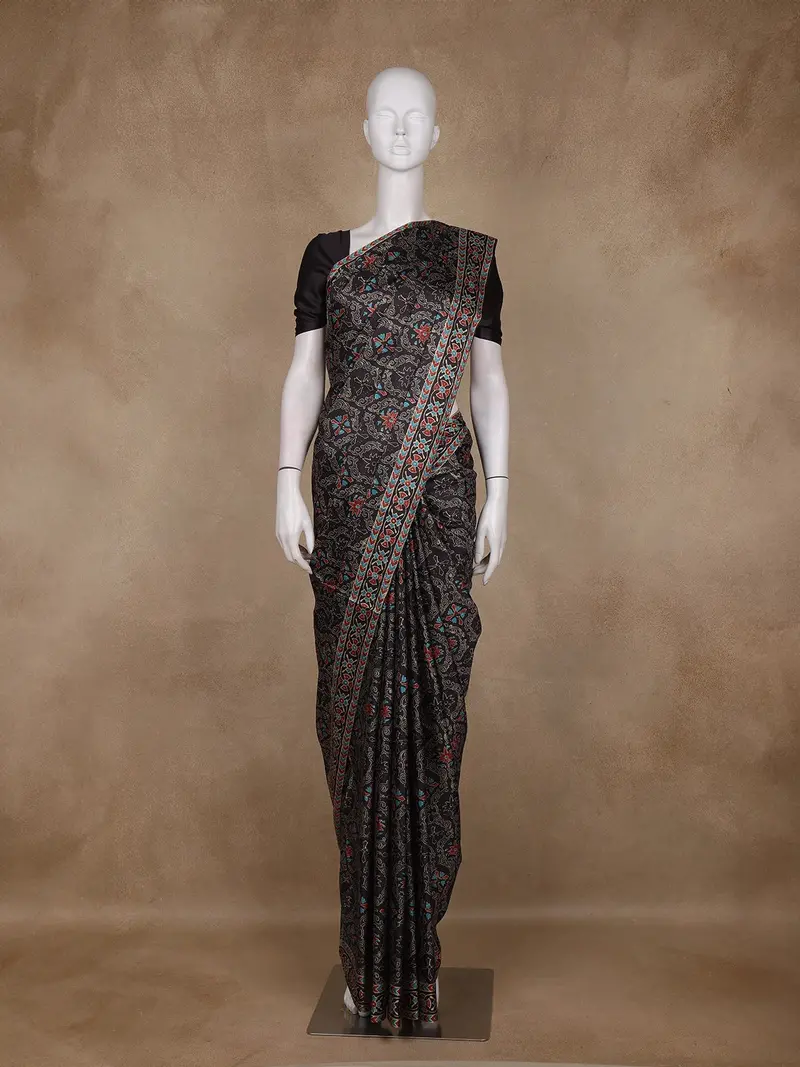 Black Floral Printed Design Tussar Saree With Contrast Border 1